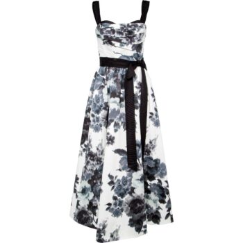 Midi-length cocktail dress with bow detail and floral print