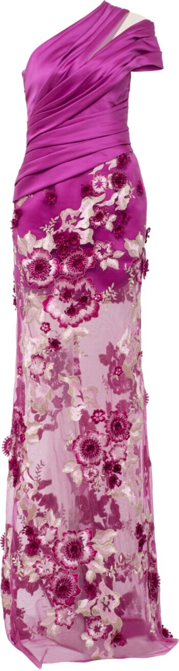 Bodenlanges One-Shoulder Kleid mit floralen Spitzendetails