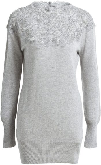 Langer Cashmere Pullover mit floralen Spitzendetails
