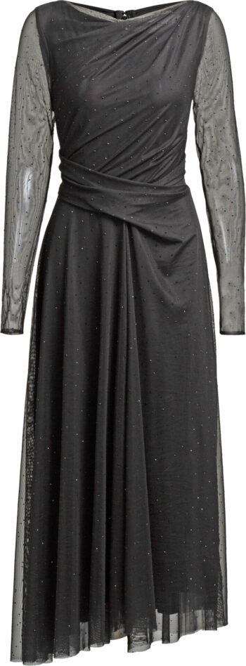 Wadenlanges Cocktailkleid mit semitransparenten Ärmeln und Strasssteindetails