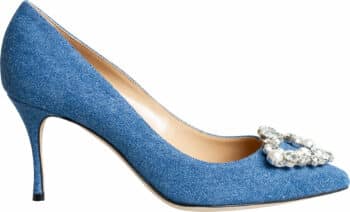 Denim-Pumps mit hohem Absatz und Schmucksteindetails
