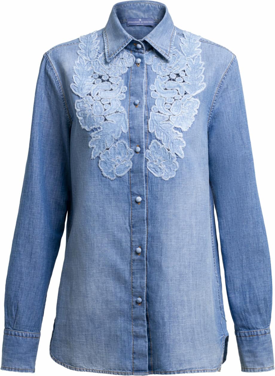 Denim Bluse mit Spitzendetails